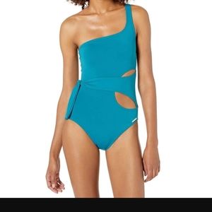 VINCE CAMUTO Teal Cut Out Tidal Times Wrap One Shoulder One Piece Swimsuit